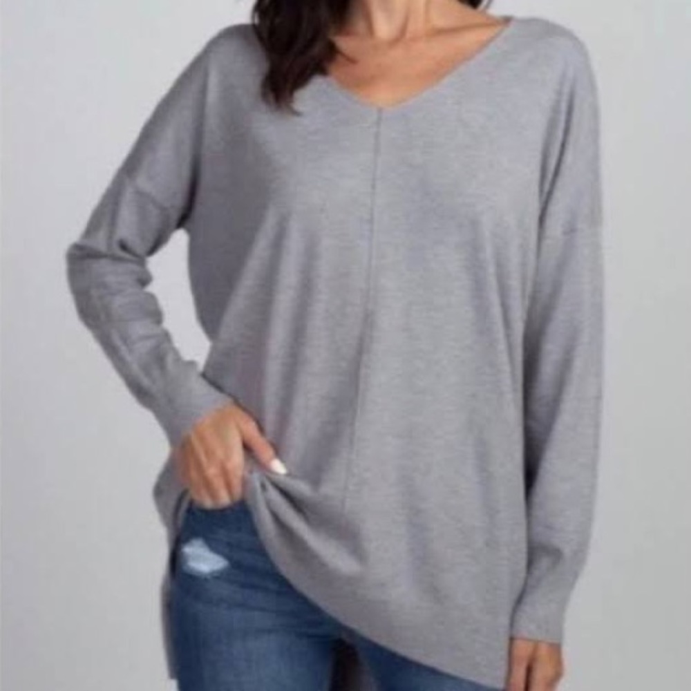 Dreamers | Gray Slouchy High Low Ribbed Detail V-neck Sweater